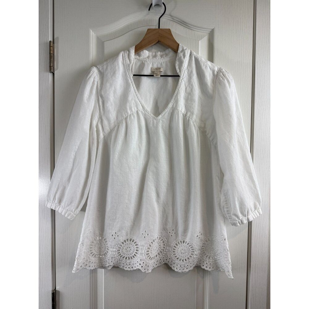 J.Crew Womens Small White Linen Cotton Eyelet Embroidered Peasant Tunic Blouse